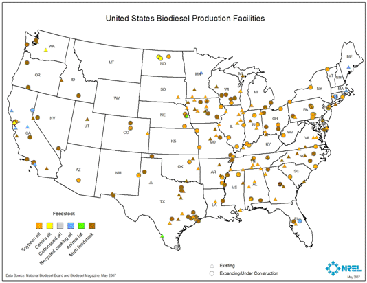 A map showing locations of biodiesel production facilities in the United States. They are interspersed primarily in the central, eastern, and southeastern areas of the member economy, with a few also on the West Coast. If you need more information regarding the data in this map, please contact Anelia Milbrandt at anelia_milbrandt@nrel.gov.