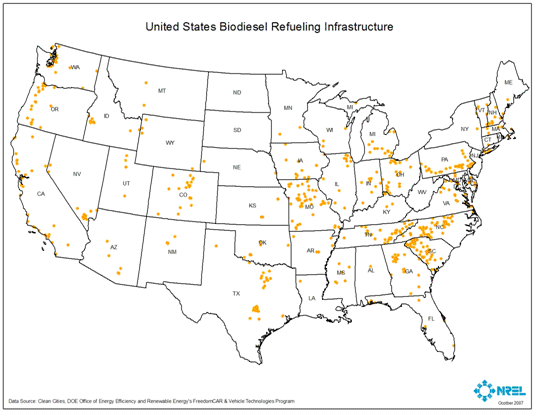 A map showing the available infrastructure for biodiesel refueling in the United States. There is a large concentration in Missouri, South Carolina, North Carolina, and Tennessee, with several others located in Pennsylvania, Virginia, Ohio, and Indiana. There is also a significant presence on the West Coast, including California, Oregon, and Washington, as well as a growing development in Texas, Georgia, Colorado, and the New England states. If you need more information regarding the data in this map, please contact Anelia Milbrandt at anelia_milbrandt@nrel.gov.