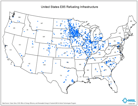 A map showing the available infrastructure for E85 refueling in the United States. There is a large concentration in Minnesota, with several others located in Iowa, Illinois, Ohio, Michigan, Wisconsin, Indiana, Nebraska, Kansas, and South Dakota. There is also a growing development in Texas, Colorado, South Carolina, and Pennsylvania. If you need more information regarding the data in this map, please contact Anelia Milbrandt at anelia_milbrandt@nrel.gov.