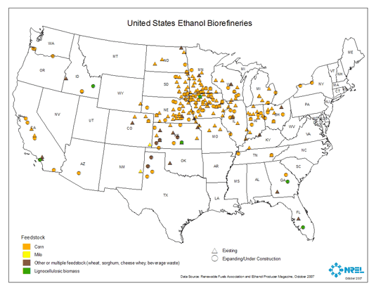 A map showing locations of ethanol biorefineries in the United States. Several are concentrated in Iowa, Minnesota, Nebraska, and South Dakota. There also are several in Indiana, Ohio, and California. If you need more information regarding the data in this map, please contact Anelia Milbrandt at anelia_milbrandt@nrel.gov.