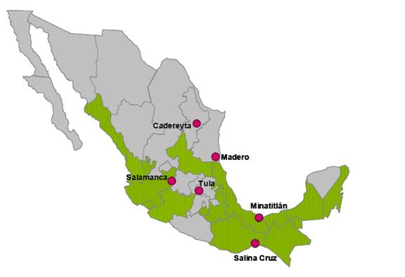 A map showing proposed fuel ethanol refineries and sugarcane producing areas in Mexico. Key locations include Salamanca, Cadereyta, Madero, Tula, Minatitian, and Salina Cruz. If you need more information regarding the data in this map, please contact Anelia Milbrandt at anelia_milbrandt@nrel.gov.